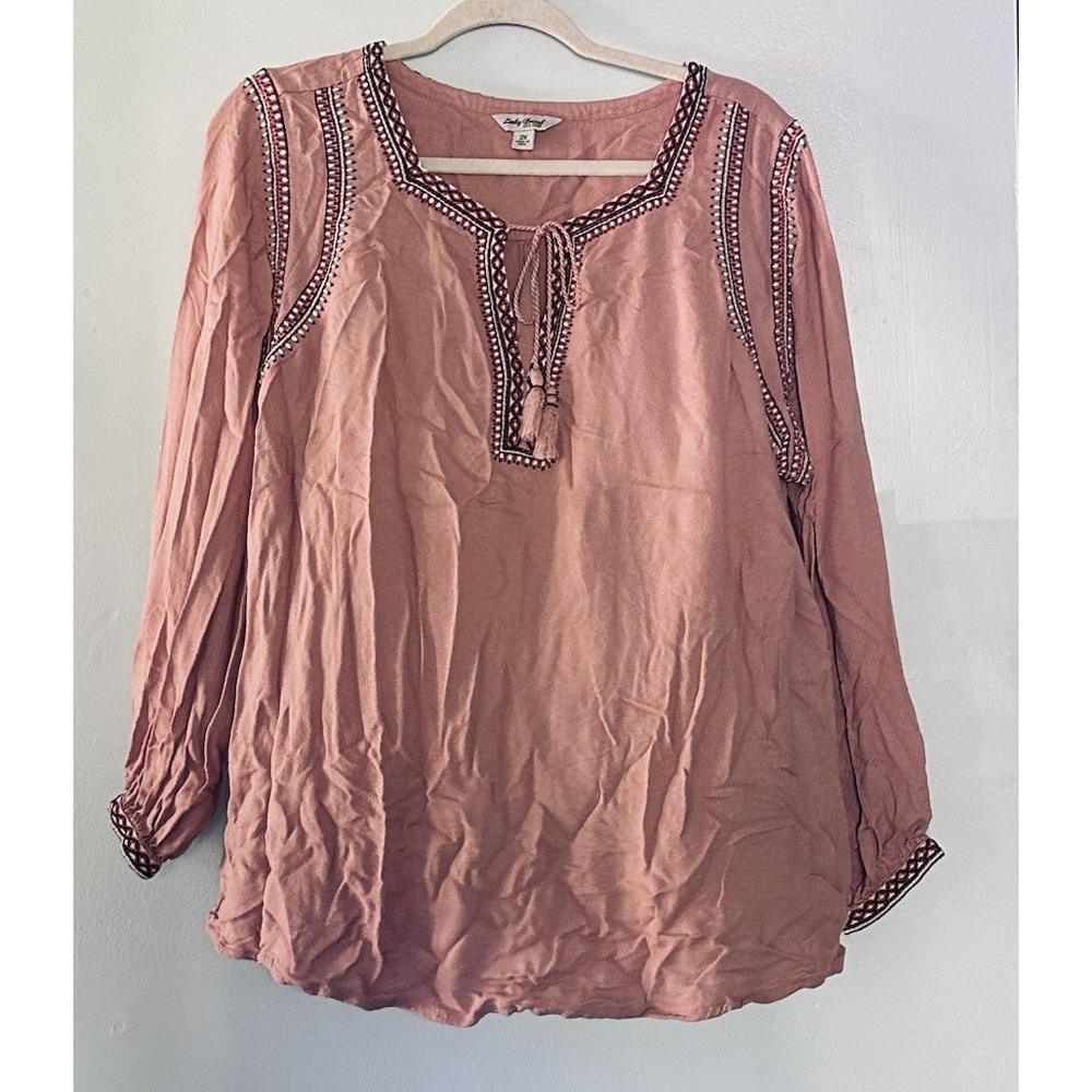 Lucky Brand Embroidered Long Sleeve Top Plus Size 2X Tassels Mauve Western Boho